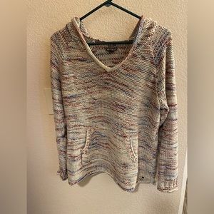 Eddie Bauer Cream Blue Red Knit Hoodie Pullover Sweater Large